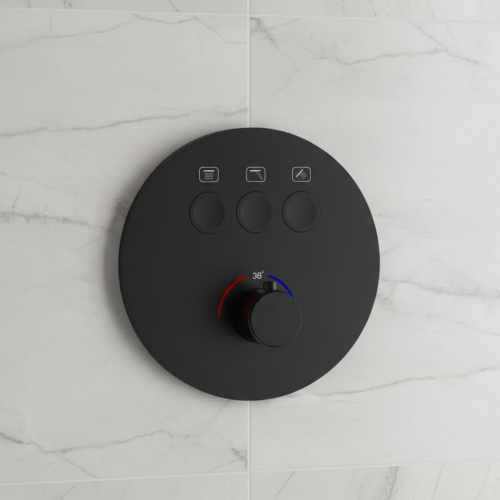 Devit D114134010011BM Flow Смеситель на 3 потребителя с термостатом, для ванны/душа, скрытого монтажа, черный матовый Купить Devit D114134010011BM Flow Смеситель на 3 потребителя с термостатом, для ванны/душа, скрытого монтажа, черный матовый в Киеве vannaja.kiev.ua