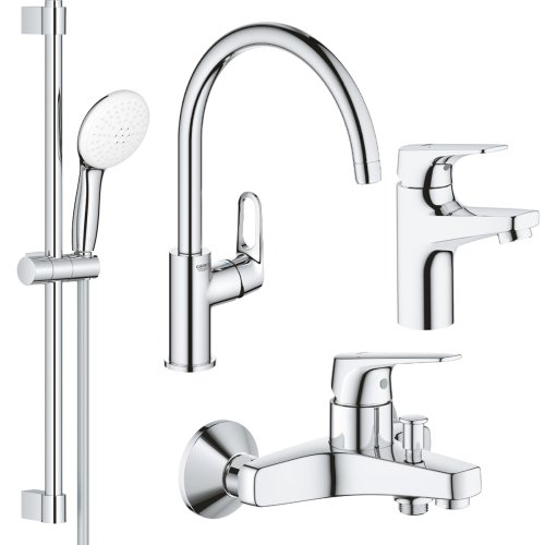 Купить Набор кранов Grohe для ванны, раковины, кухни и душевая стойка UA121640K1 Bau Flow Комплект смесителей для ванны в Киеве vannaja.kiev.ua