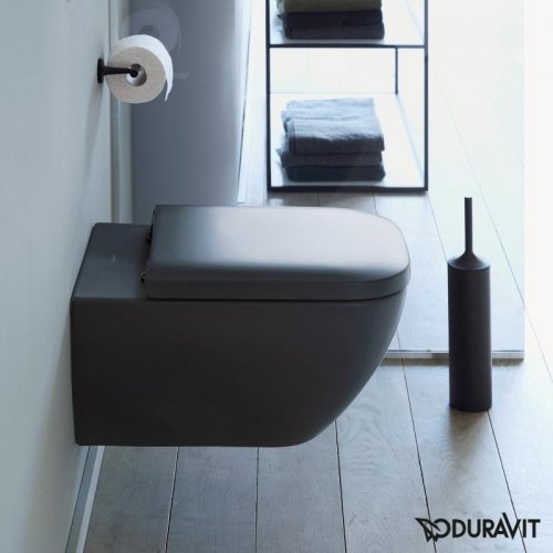 Купити Чорний унітаз дизайн Duravit Rimless 2222098900 + 0064591300 Happy D.2 Унітаз підвісний з сидінням soft close антрацит матовий без зливного краю в Києві vannaja.kiev.ua