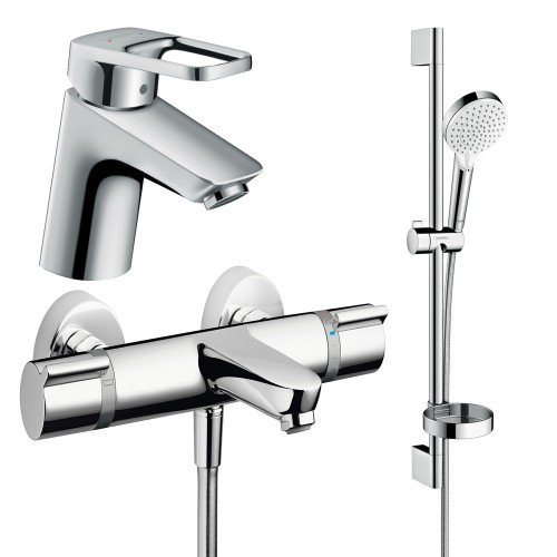 Купить Набор смесителей HANSGROHE Logis Loop 1132019 3 в 1 однорычажный с термостатом хром купить недорого душевая  лейка 100 мм в Киеве vannaja.kiev.ua