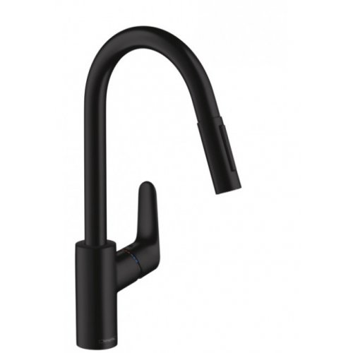 Купити Hansgrohe чорний змішувач 31815670 Кухонний Focus 240 з витяжним душем матовий в Києві vannaja.kiev.ua