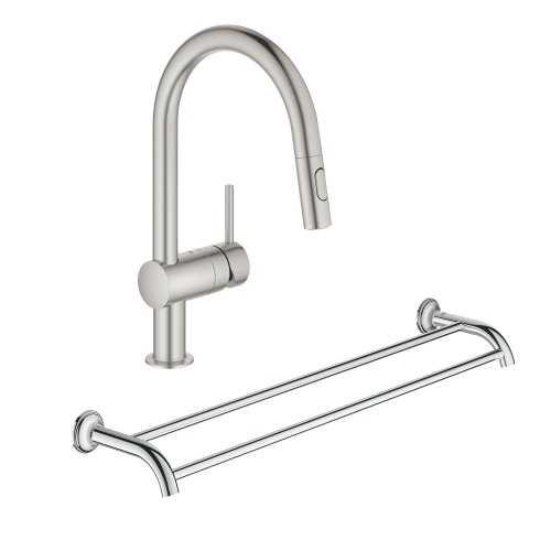 Набор Grohe смеситель для кухни с выдвижным изливом Minta 32321DC2 + полотенцедержатель Essentials Authentic 40654001 Купить Набор Grohe смеситель для кухни с выдвижным изливом Minta 32321DC2 + полотенцедержатель Essentials Authentic 40654001 в Киеве vannaja.kiev.ua