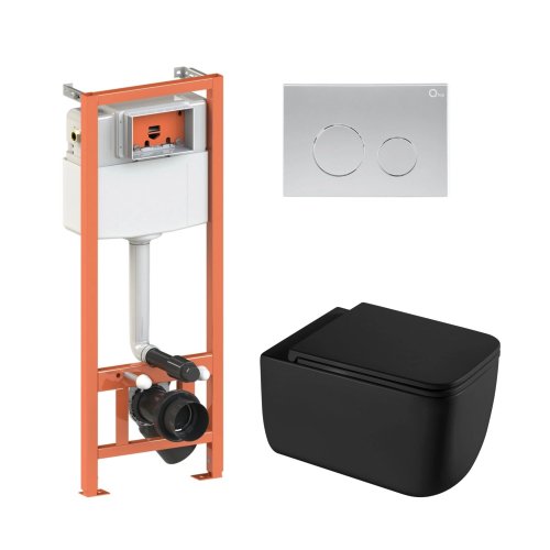 Купить Комплект: Qtap Gemini Ultra Quiet унитаз подвесной QT2533076EUQMB + Nest комплект инсталляции 4в1 (Клавиша круглая Satin) QT0133M425 + QT0111M11111SAT в Киеве vannaja.kiev.ua