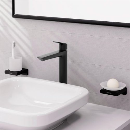 Купить Смеситель для раковин на столешнице черный матовый Hansgrohe 71257670 Logis высокий с донным клапаном pop-up EcoSmart, Matt Black Германия в Киеве vannaja.kiev.ua