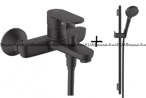 Купить Черный матовый кран в ванну с штангой и лейкой Hansgrohe 71440670 + 26422670 Vernis Blend в Киеве vannaja.kiev.ua