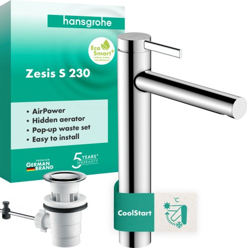 Купить высокий смеситель для умывальника чаши Hansgrohe 74730000 Zesis S 230 CoolStart кран с донным клапаном pop-up, Хром в Киеве vannaja.kiev.ua
