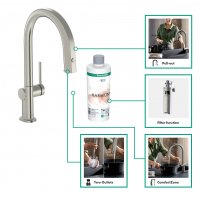 Кухонный смеситель на две воды черный матовый с выдвижным изливом Hansgrohe 76801670 Aqittura M91 FilterSystems 210 1jet