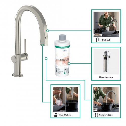 Купить Кухонный смеситель Hansgrohe Aqittura M91 76801800 с выдвижным изливом, 1 струя, покрытие из нержавеющей стали в Киеве vannaja.kiev.ua