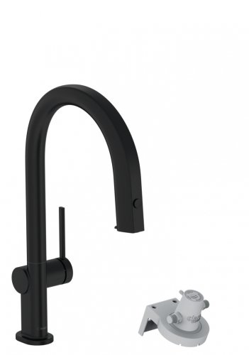 Купить черный матовый смеситель с фильтрацией с выдвижным изливом Hansgrohe 76826670 Aqittura M91 1jet sBox высокий в Киеве vannaja.kiev.ua
