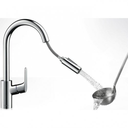 Купить Hansgrohe 31815000 Focus 31815 Смеситель для Кухни Выдвижной Излив Поворотный 150 ° 2 Вида Струи воды, хром в Киеве vannaja.kiev.ua