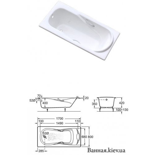 Купить Ванна Чугунная Прямоугольная 170х80 GOLDMAN ZYA-19C-7 + Ножки в Киеве vannaja.kiev.ua