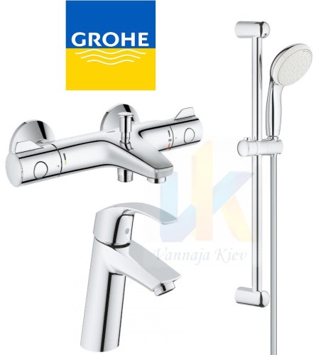 Купить Набор смесителей для ванны термостат Grohe Grohtherm 34567262 выгодная цена на комплект кранов 3 в1 Eurosmart в Киеве vannaja.kiev.ua