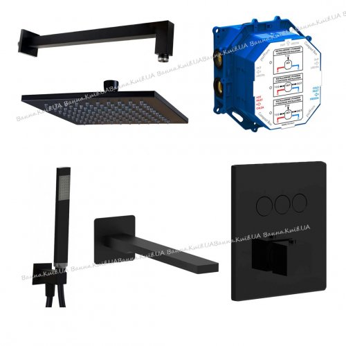 Купити З термостатом душова система чорна матова Kit Compact-T Quadro B Nero Paffoni верхнім та ручним душем, зливом в Києві vannaja.kiev.ua