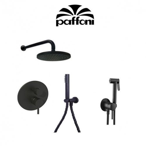 Купити В душ Система з лійкою чорна Paffoni KITLIG018NO + ZDUP110NO прихованого монтажу Shower Ø 225 мм + гігієнічний душ Tweet Round Mi чорний мат в Києві vannaja.kiev.ua