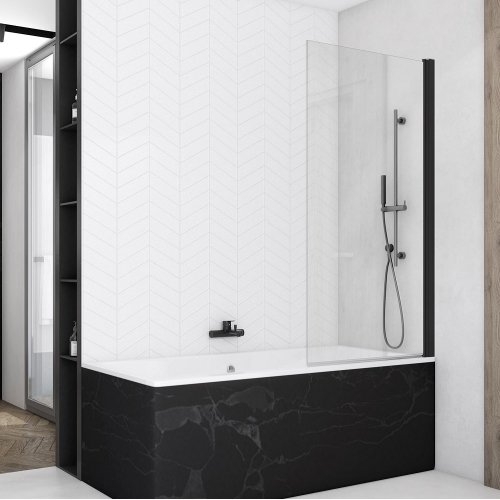 Купить черная перегородка на борт ванны 150 × 75 см Сан Свис SOEB107500607 BlackLine Solino Одностворчатая стекло прозрачное профиль черный мат в Киеве vannaja.kiev.ua